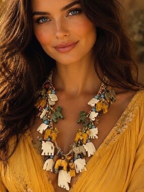 Vintage Hand-Carved Stone & Wood Animal Fetish Necklace Native Style 24”